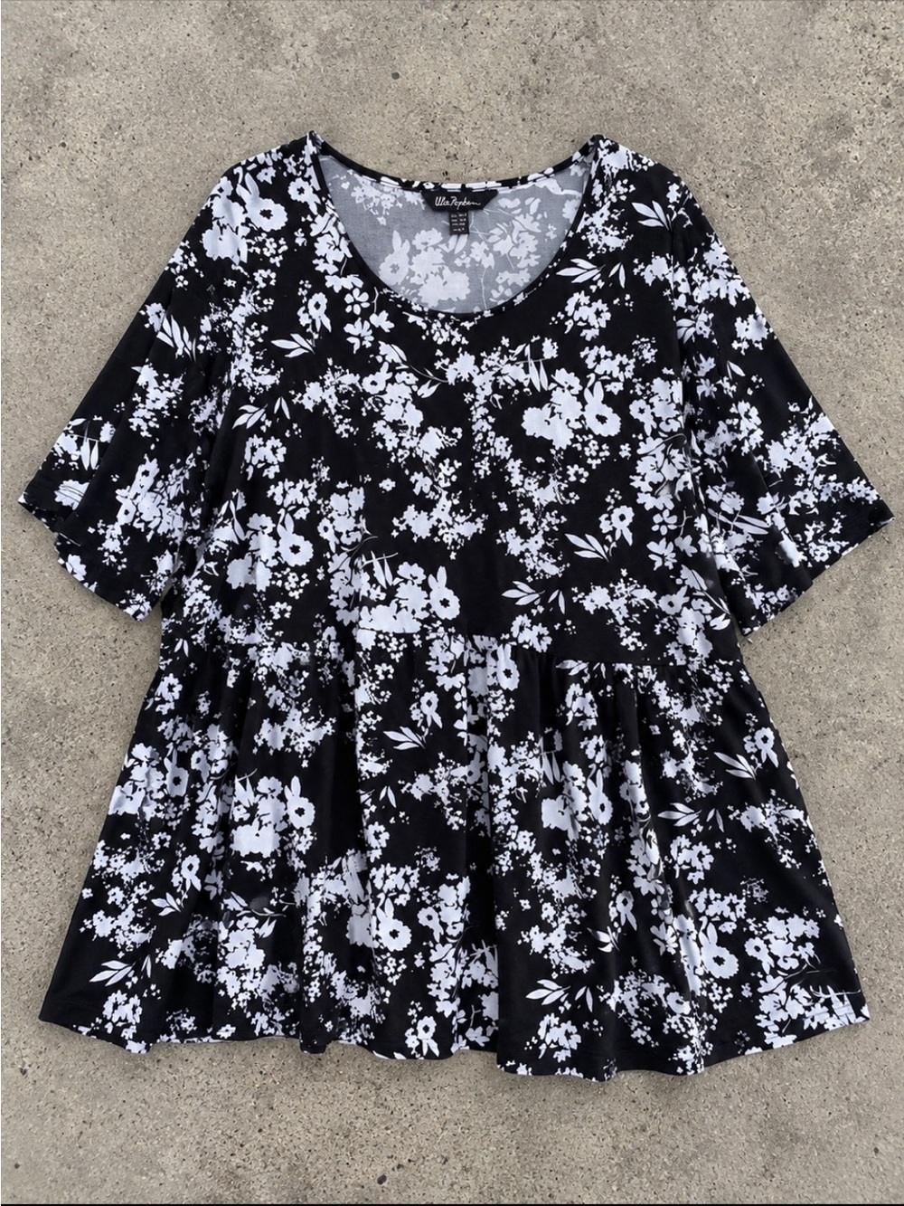 Ulla Popken Black White Floral Tunic Top Babydoll Pockets Plus Size 36/38